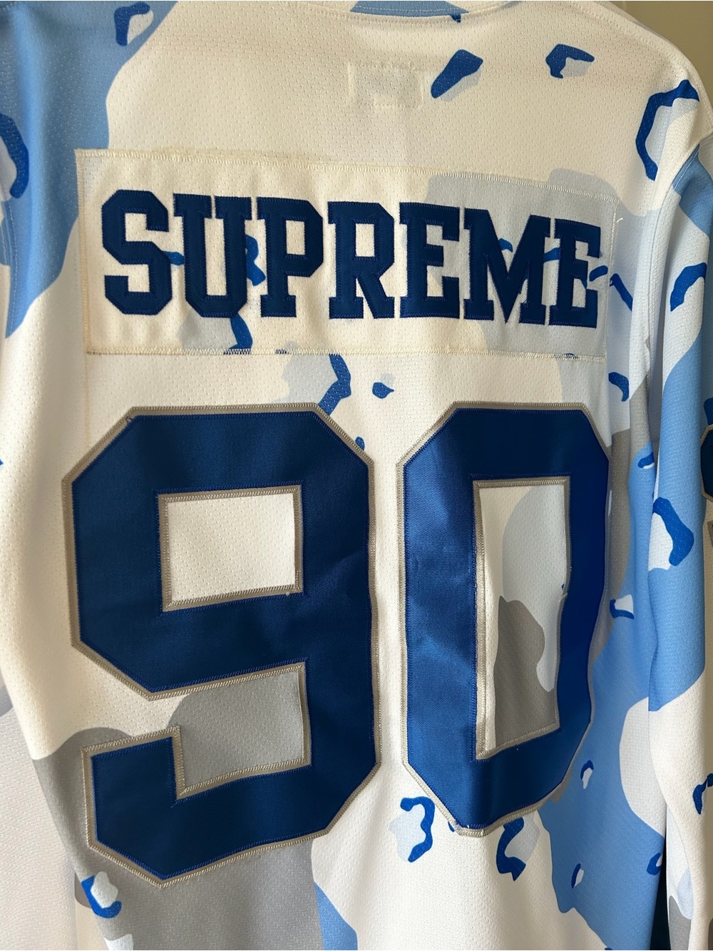 Supreme White & Light Blue Camo Hockey Jersey with Navy '90' - Picture 9 of 11